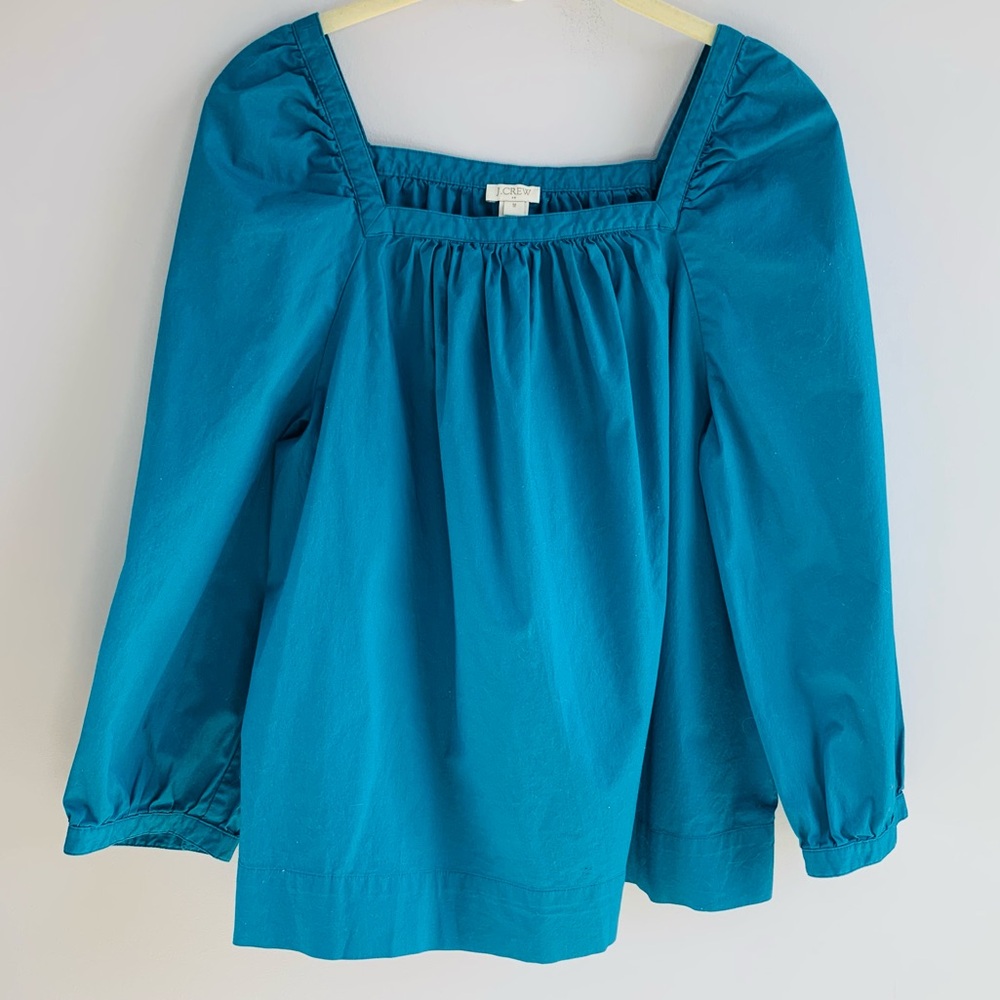 J Crew Blouse Top Teal Turquoise Puff Sleeve Square Neck Cotton Jewel Tone Large